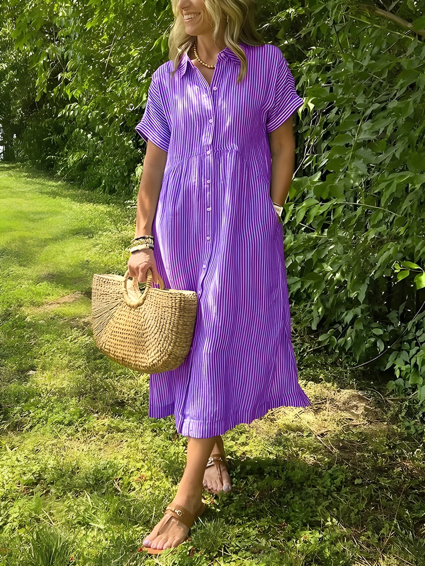 Tilde™ | Randig klänning med djup V-ringning för kvinnor