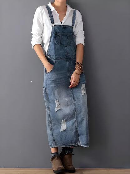 Linnea™ | Hängselklänning i distressed denim med slits bak