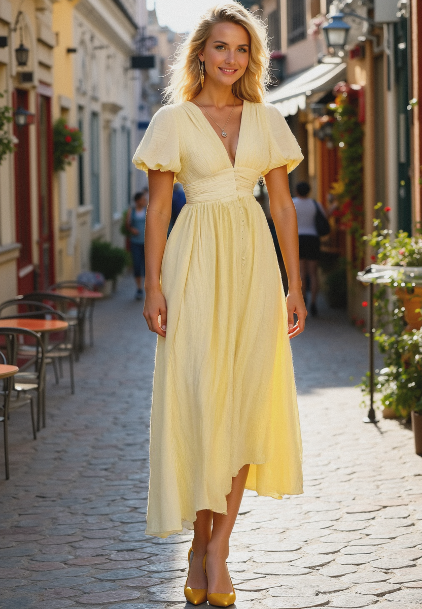 Yrsa™ | Elegant klänning med puffärmar och knappa