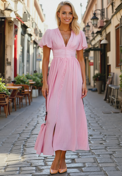 Yrsa™ | Elegant klänning med puffärmar och knappa